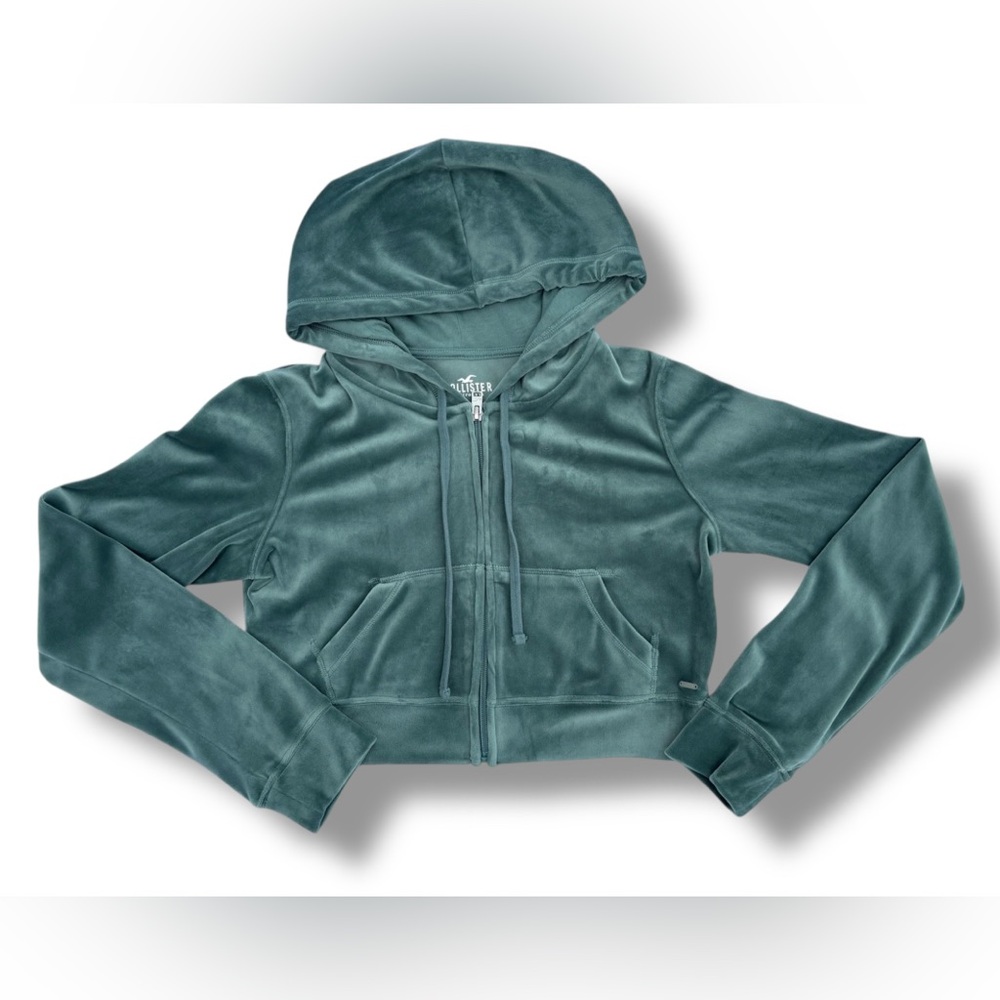 Hollister Women’s Velour Green Cropped Zip-Up Hoodie XS